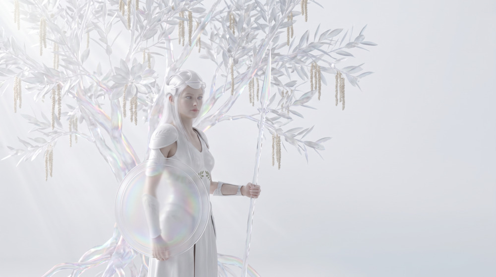 Athena holding a crystalline spear and a glass shield