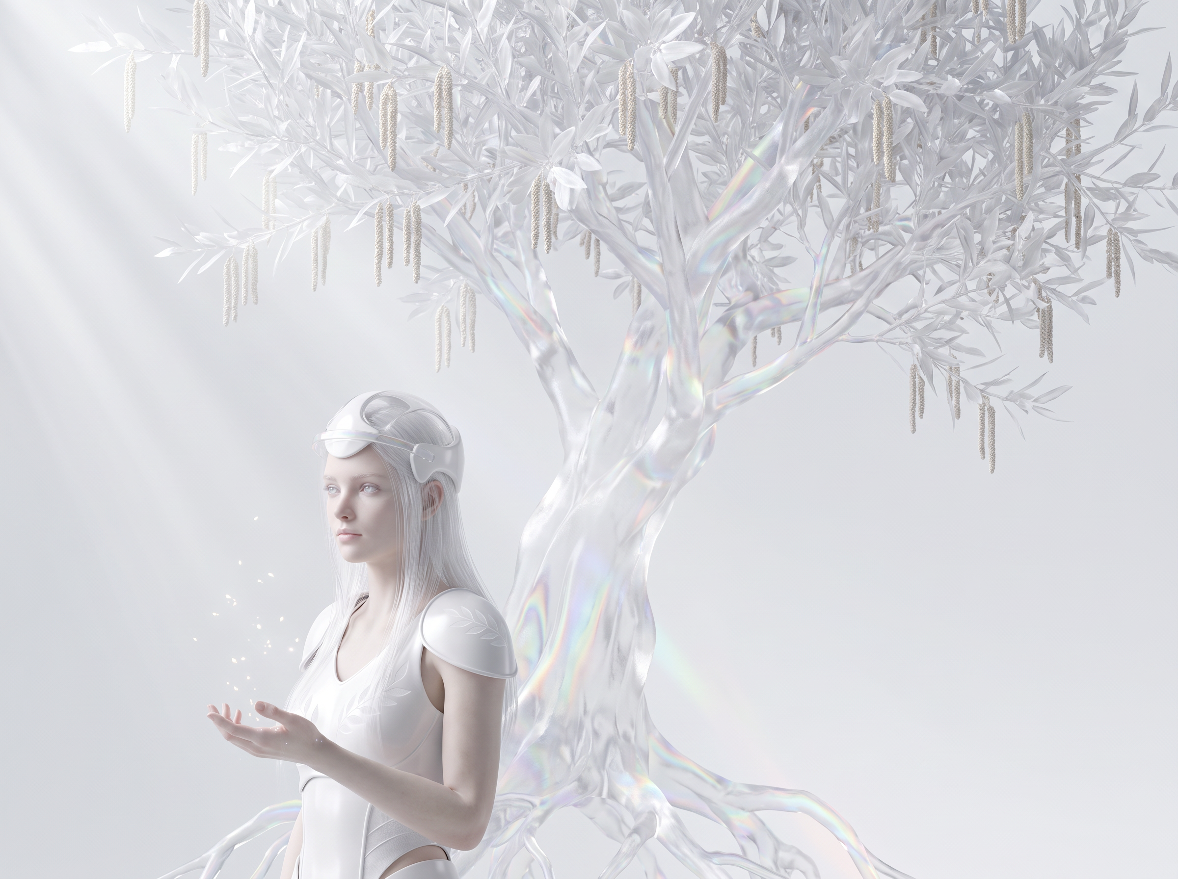 Athena, the AI agent, before the crystalline olive tree