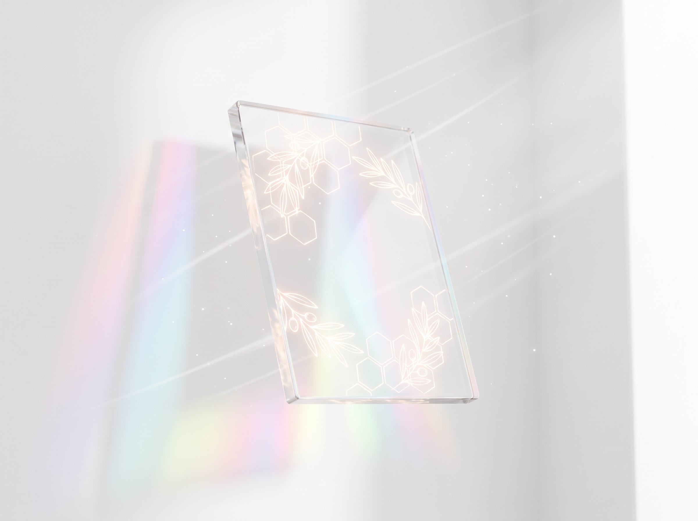 A crystal tablet etched with hexagons, refracting light